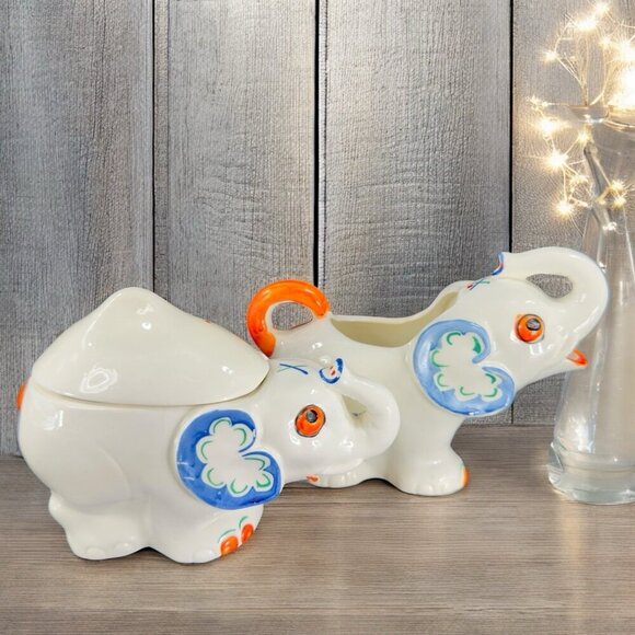 Antique German Pottery Elephant Shaped Sugar And Creamer Set Marked Germany VTG - Picture 1 of 16